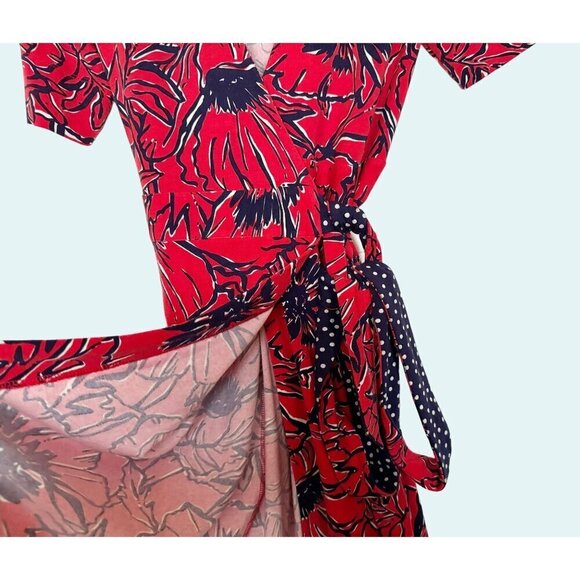 LILLY PULITZER Adalie Short Sleeve Floral Wrap Dress Pinkish Red Navy Sz XS - Picture 4 of 8